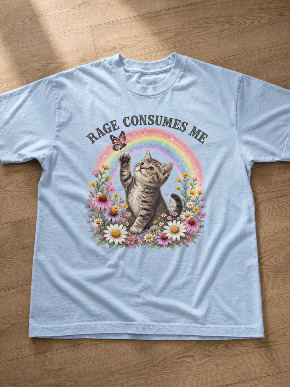 Light Blue Rage Consumes Me T-Shirt Cute Cat Rainbow Floral Graphic Tee